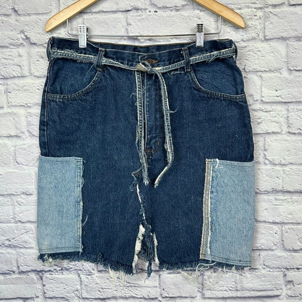 Reworked Ragged Denim Mini Skirt‎ Womens 32 Patchwork Y2K Distressed Belt Boho